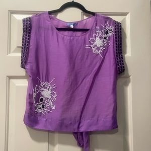 Anthropologie Purple Silk Top with Beaded Flowers